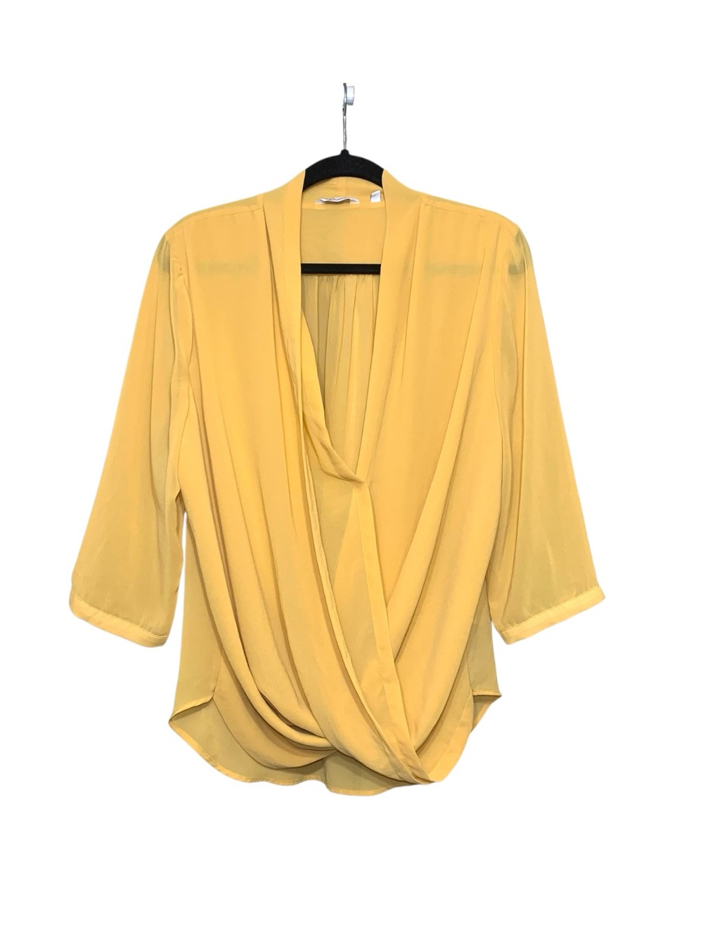 Yellow Mustard Crepe Draped Wrap Blouse XL Quarter Sleeves Feminine Minimalist